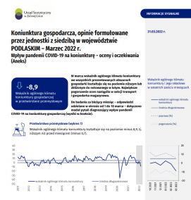 Pierwsza strona informacji sygnalnej pt. Koniunktura gospodarcza w województwie podlaskim w marcu 2022 r.